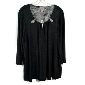 Rochelli Black Patterned Cutout Neck 3/4 Sleeve Slinky Stretch No Iron Blouse 2X